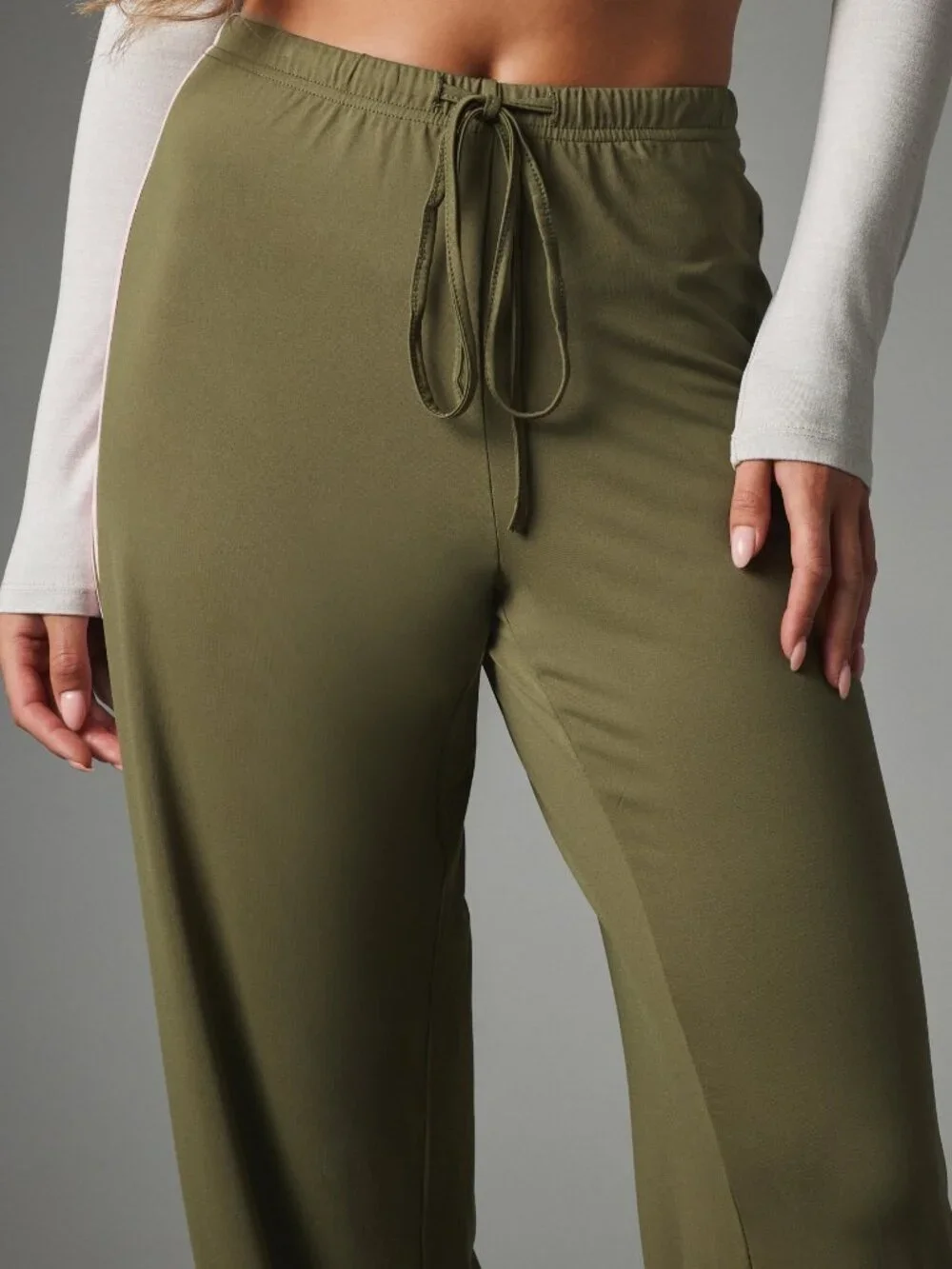 Army Green Casual Women's Wide Leg Track Pants With Contrast Side Stripe_5